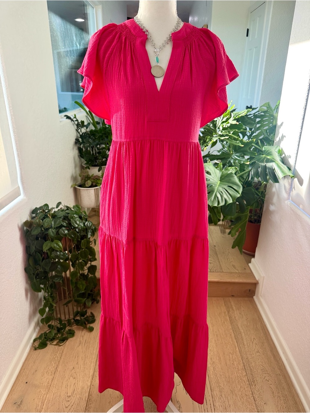 Calvin Klein Hot Pink Tiered Maxi Dress with Flutter Sleeves and Side Pockets